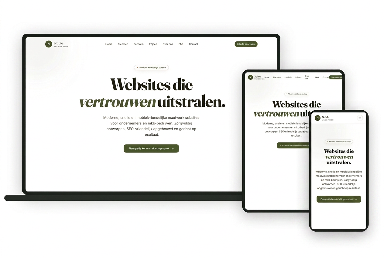 De homepage van Noble Webdesign getoond op laptop, tablet en smartphone