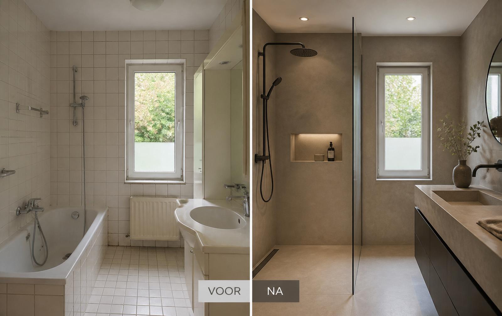 Voor en na: badkamer voor met verouderde tegels en na de renovatie met naadloze Beton Ciré wanden
