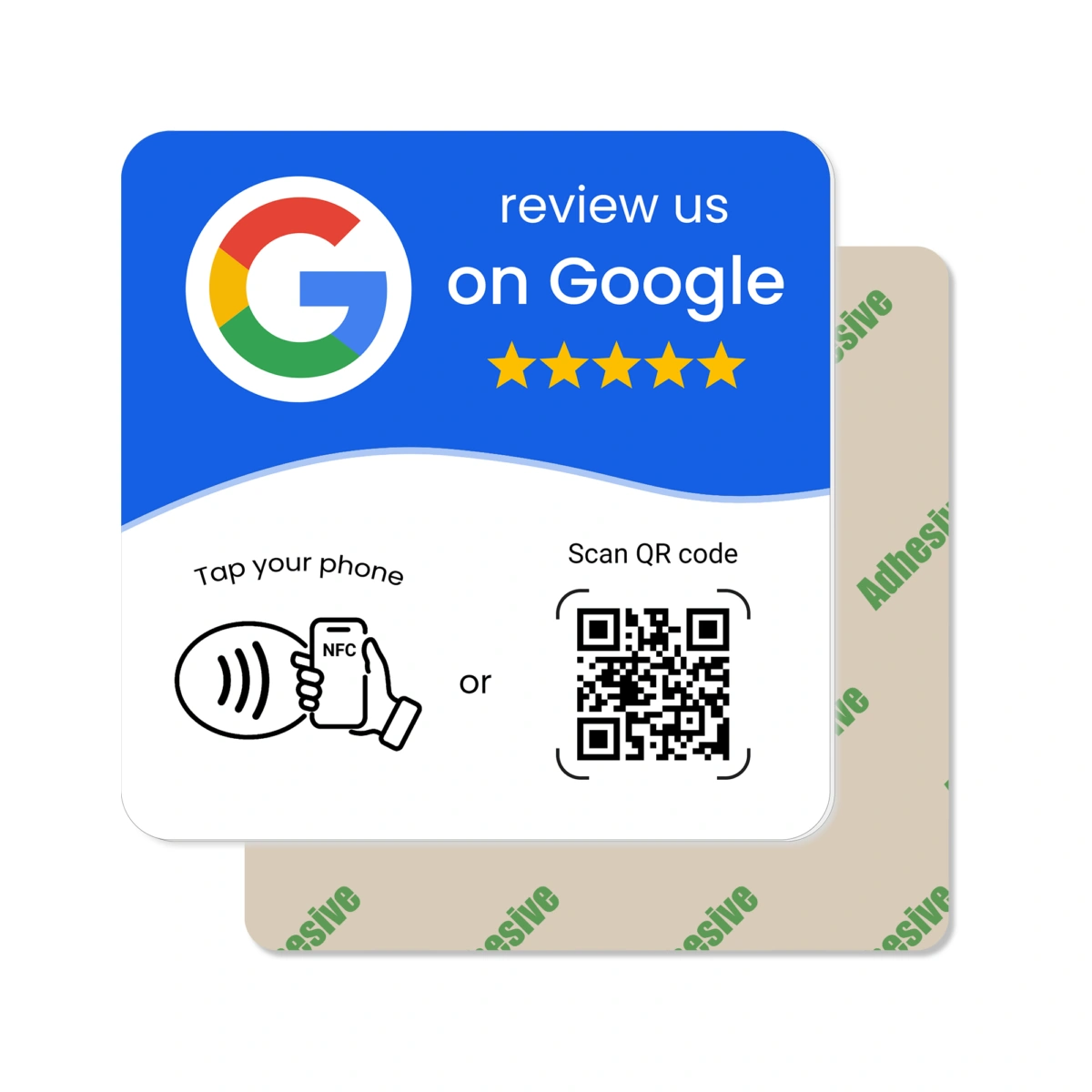 Plakbare Google Review-kaart met NFC-chip, QR-code en plaklaag aan de achterkant
