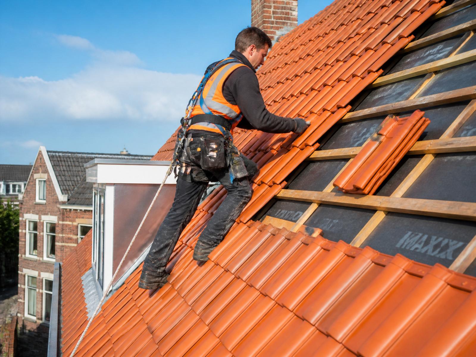 Dakdekker aan het werk op Nederlands pannendak
