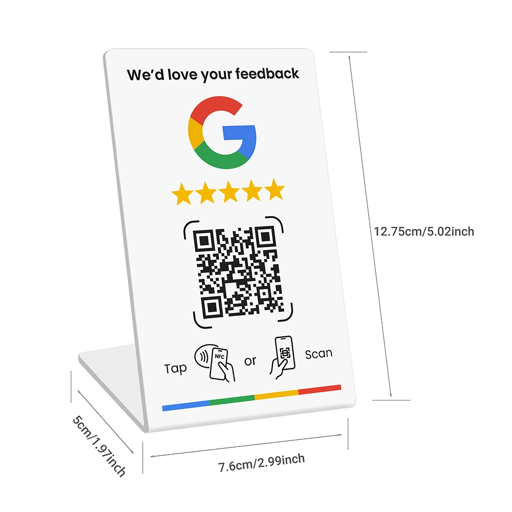 Witte staande Google Review-kaart met NFC-chip en QR-code